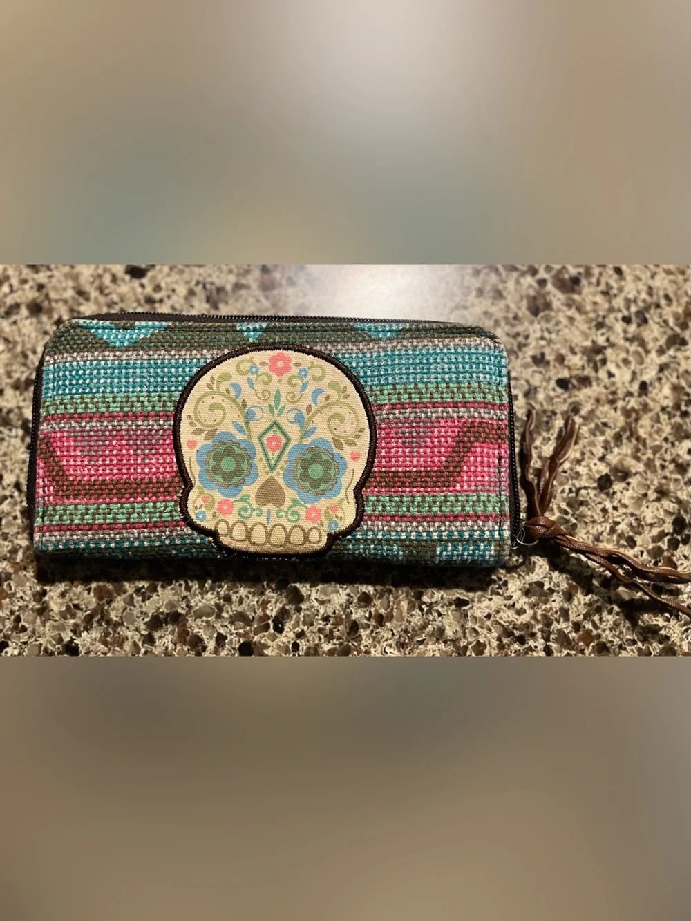 Turquoise & Pink Sugar Skull Zip Pouch - Women Accessories
